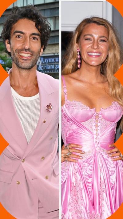 Split screen: Justin Baldoni, left, Blake Lively, right, both wearing pink and smiling to camera, 2024