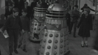 Daleks surrounded by children, at 鶹ҳ Open Week in Cardiff