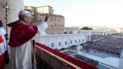 Newly elected Pope Leo XIV, Cardinal Robert F. Prevost of the U.S., appears on the balcony of St. Peter's Basilica at the Vatican