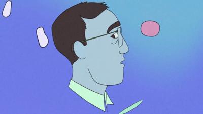 Illustration of man on blue background looking at shapes