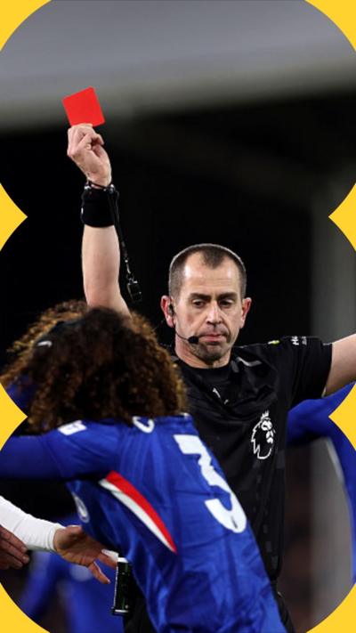 Referee Peter Bankes shows a red card to Marc Cucurella of Chelsea