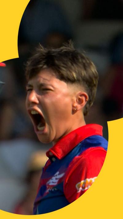 Issy Wong celebrates after taking back-to-back wickets