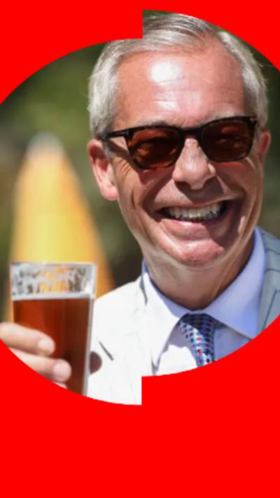 Nigel Farage wearing sunglasses and holding a pint of beer. He is smiling.