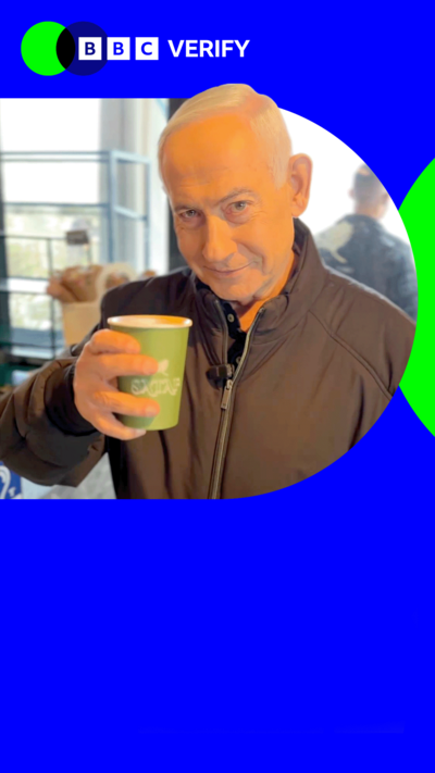A still of Israeli Prime Minister Benjamin Netanyahu from the video where a wave of false AI claims have materialised. The BBC Verify logo is in the top lefthand corner.