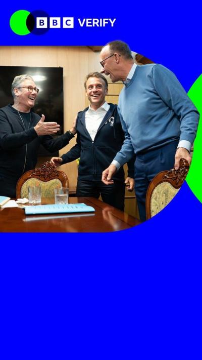 Prime Minister Keir Starmer greets President Emmanuel Macron and Chancellor Friedrich Merz. 