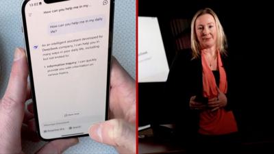 Split screen of Zoe Kleinman wearing a peach top and black jacket and a screenshot of a message exchange on the DeepSeek app