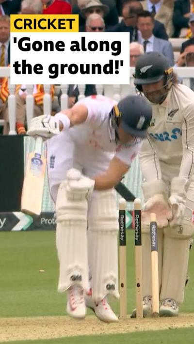 New Zealand get a deserved breakthrough as England's Matt Henry's beats Jacob Bethell's bat and crashes into off stump.