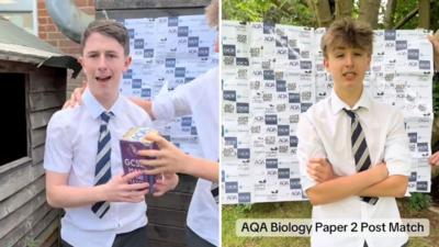 Composite image of a pupil receiving a mock man of the match trophy and another pupil giving an 'interview'