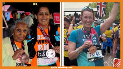 London Marathon runners celebrate