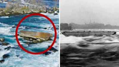 Split screen of drone images of an old barge wreck in shallow rapids and an image from 1918..