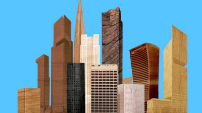 A high-rise cityscape made of wood