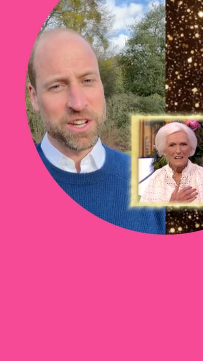 Prince William speaking from a garden while Mary Berry watches with her hand on her chest