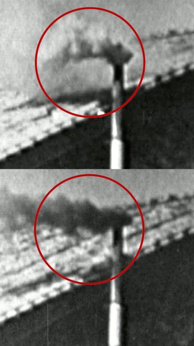B&W splitscreen showing black and white smoke coming from chimneys.