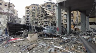 Destroyed buildings following Israeli strike