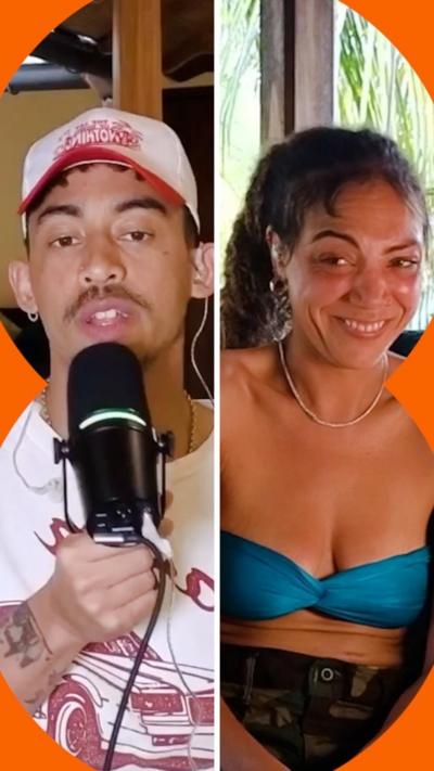 Composite image of Jordan and Miquita. Jordan wears a white/red baseball cap and T-shirt, and holds a mic; Miquita wears a blue bikini top