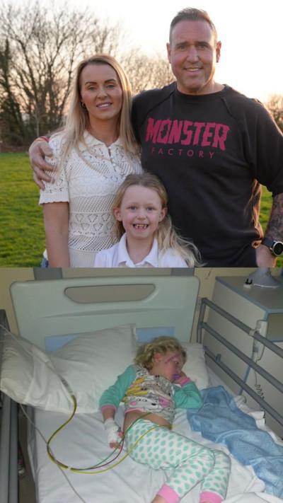 A family and a picture of a little girl in a hospital bed