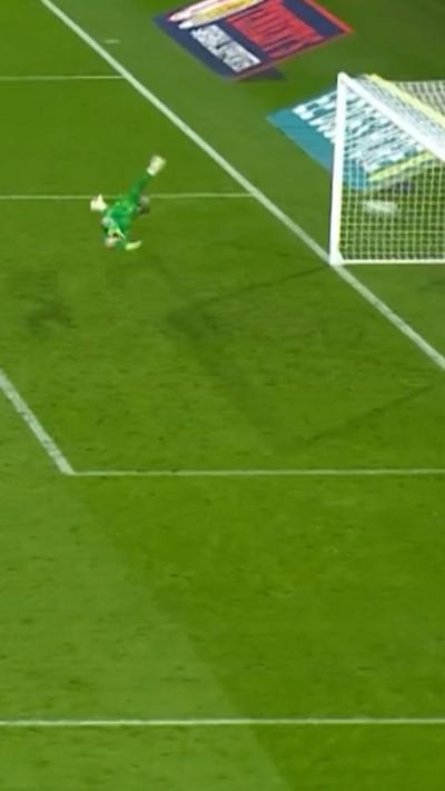 Goalkeeper in green stretching in flight as ball crosses line into goal.