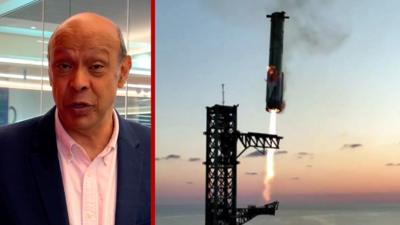 A split screen image of Pallab Ghosh and a SpaceX rocket landing