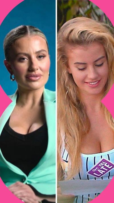 Composite of two images of Chloe Ayling - one of her now posing in a green suit, one of her giving a statement to press in 2017