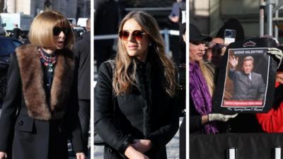 Split screen showing Anna Wintour on the left, Liz Hurley in the middle and mourner holding sign with Valentino's face