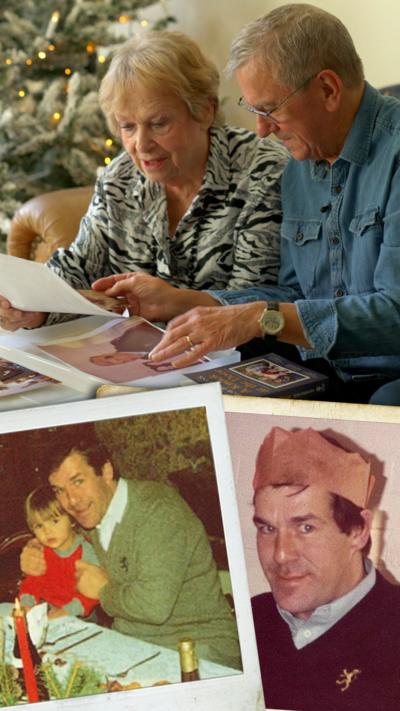 Composite image - on the top is an elderly couple looking at photos. Under is a picture of a man holding a young boy, and another of the same man with a paper hat on.