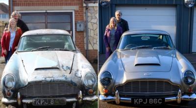 Before and after of a restored Aston Martin