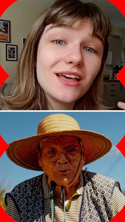 Split screen showing a woman with dark blonde hair at the top and an elderly woman wearing a hat at the bottom