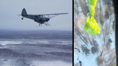 A plane flies over snowy Alaska in the picture on the left, while on the right a parcel can be seen falling from a plane