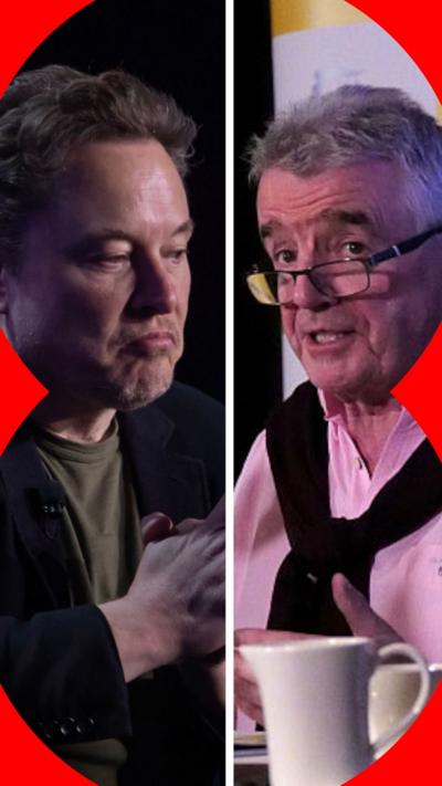 Split screen of Elon Musk and Michael O'Leary
