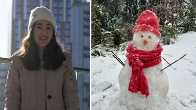 A composite picture, on the left is a woman in a brown jacket and a white wooly hat. On the right is a snowman in a red scarf and hat