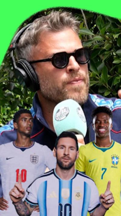 Rick Edwards talking into mic with cutouts of Bellingham, Messi and Vinicius Jr. in the foreground
