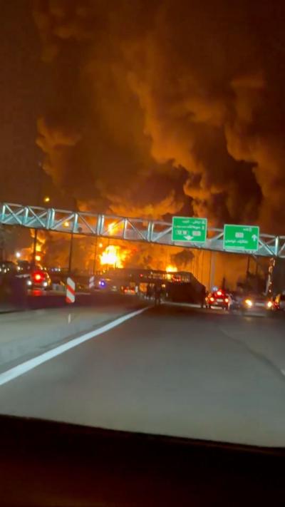 Screengrab of a video showing a huge fire at a Iranian oil depot