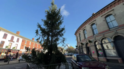 A market square with a Christmas tree, which appears to have several branches missing. The tree, which is reasonably tall,  is behind metal barriers.