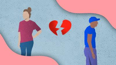 Illustration of a man and woman looking in opposite directions separated by a broken heart symbol