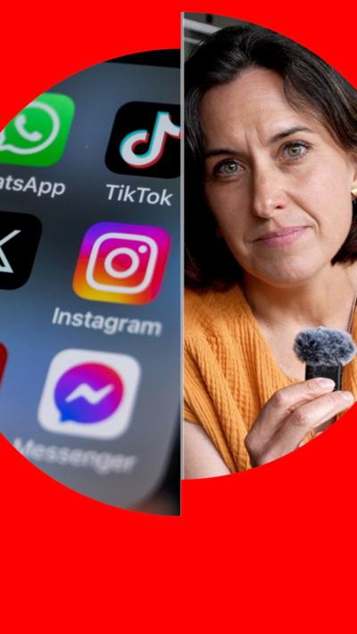 Katy Watson and a phone screen showing social media apps