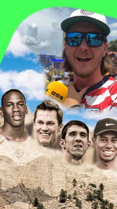 American fan and Mount Rushmore with heads of American athletes