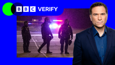 Composite image showing Ros Atkns, a BBC presenter wearing a blue suit, in the foreground and an image of law enforcement officials in the center.