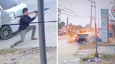 Split screen showing man holding rocket on the left, and car in flames after attack on the right