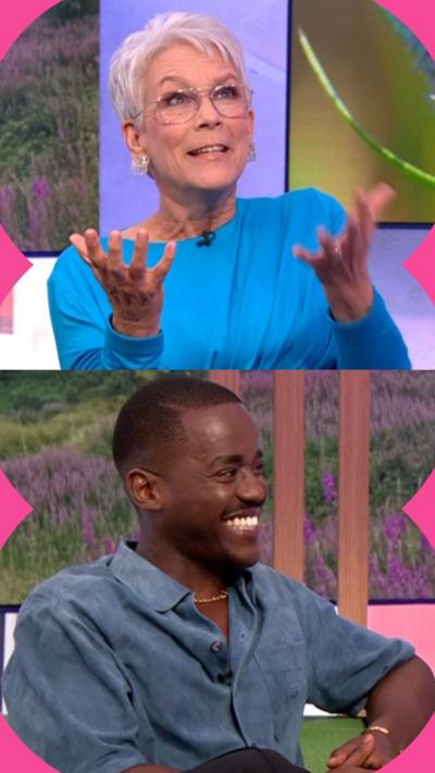 Composite image of Jamie Lee Curtis and Ncuti Gatwa, both sat on The One Show sofa. Jamie is holdung her hands out, while Ncuti is smiling 