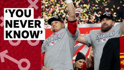 Patrick Mahomes and Travis Kelce celebrate winning the Super Bowl. 