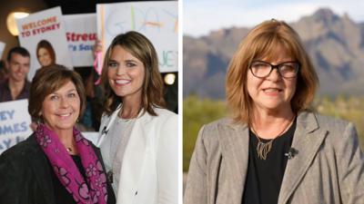 Split screen showing a photo of Savannah Guthrie and her mom Nancy and on the right side is BBC reporter Regan Morris.