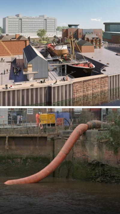 A digital rendering of a regenerated dockside shows a ship in a dry dock surrounded by walkways, visitors, and a mix of modern and traditional brick buildings. There is an orange pipe composite image below it.