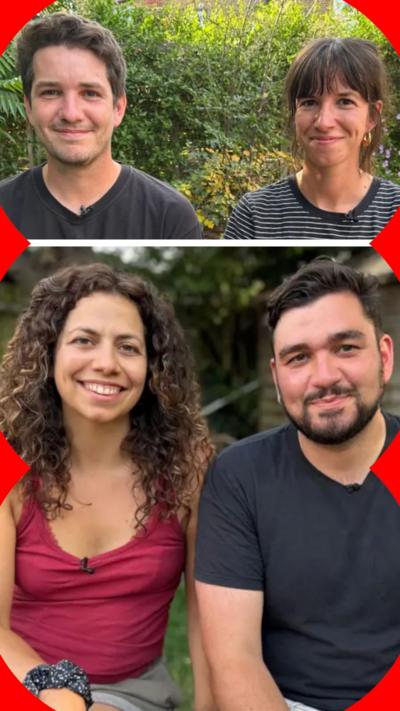 Composite image of two couples sitting in a garden