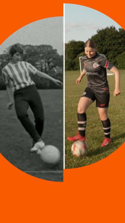 Black and white image of a footballer wearing a stripe t-shirt and long dark trousers, kicking a football, side-by-side with a colourful image of a football player wearing black shorts, t-shirt and socks kicking a ball.
