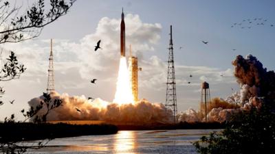 A rocket blasts into space, leaving behind a trail of smoke and fire. Birds circling in the foreground with branch and lake details.