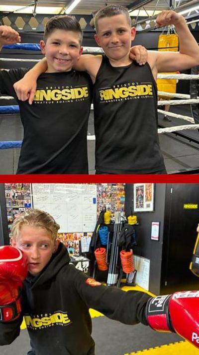 Young boys in branded Ringside tops flexing muscles and boxing.