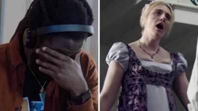 Split screen: A frustrated man holding his head in his hands, a woman dressed in period clothing, overacting