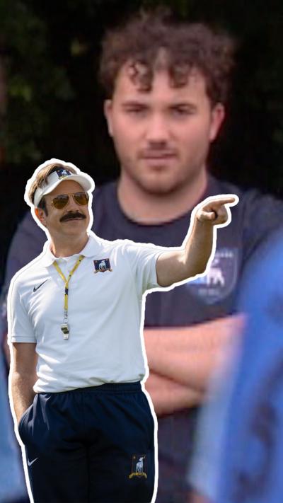 Image of man watching his football team, alongside image of fictional character Ted Lasso.