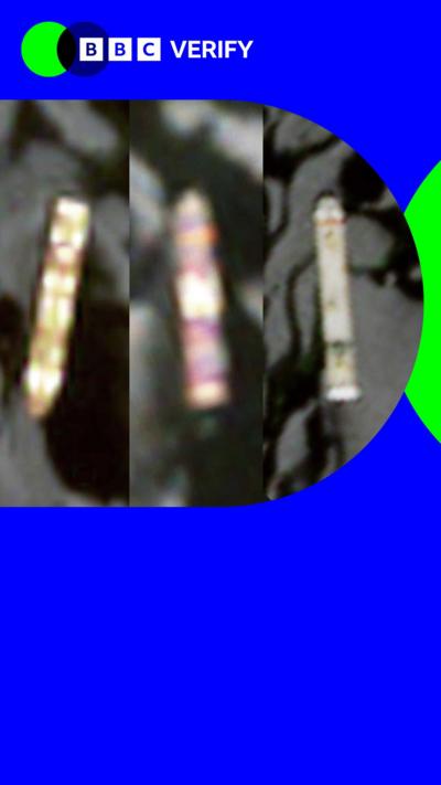 A composite image of three satellite photos shows ships travelling through the Strait of Hormuz. It is imposed over the BBC Verify colours and branding. 