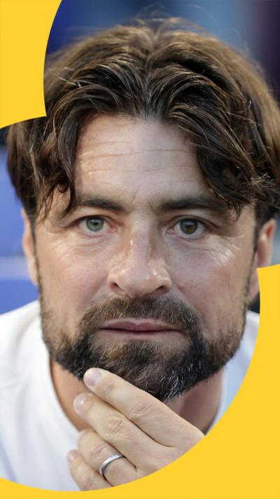 Leicester manager, Russell Martin, looks directly into camera. 